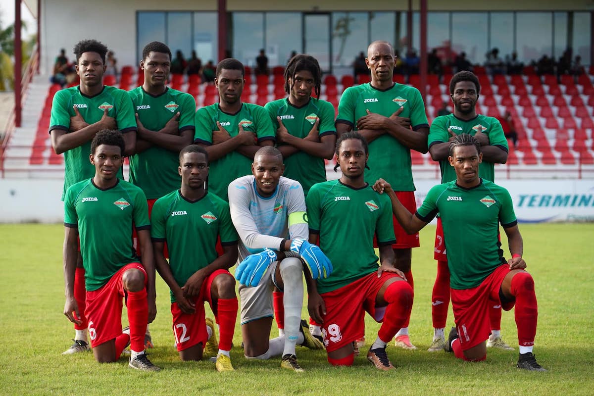 San Juan Jabloteh's starting XI pose for a team photo ahead of a TTPFL Knockout Cup Preliminary match against Police FC at La Horquetta Recreation Ground on Wednesday, June 28th 2023.