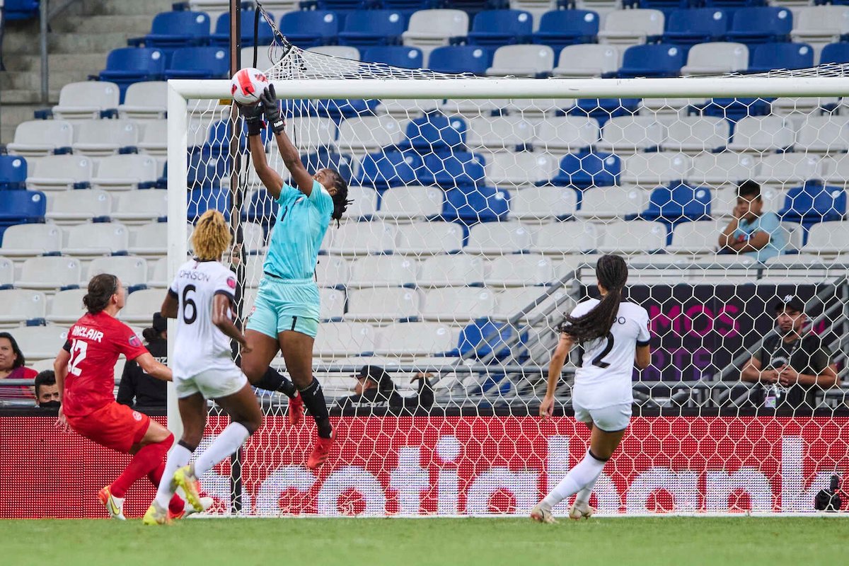 BUSY AFTERNOON: Trinidad and Tobago goalkeeper Kimika Forbes, third left, intercepts a cross to deny Canadian striker Christine Sinclair. T&T suffered a 6-0 defeat to Olympic champions Canada at the 2022 CONCACAF Women’s Championship on Tuesday night in Monterrey, Mexico
