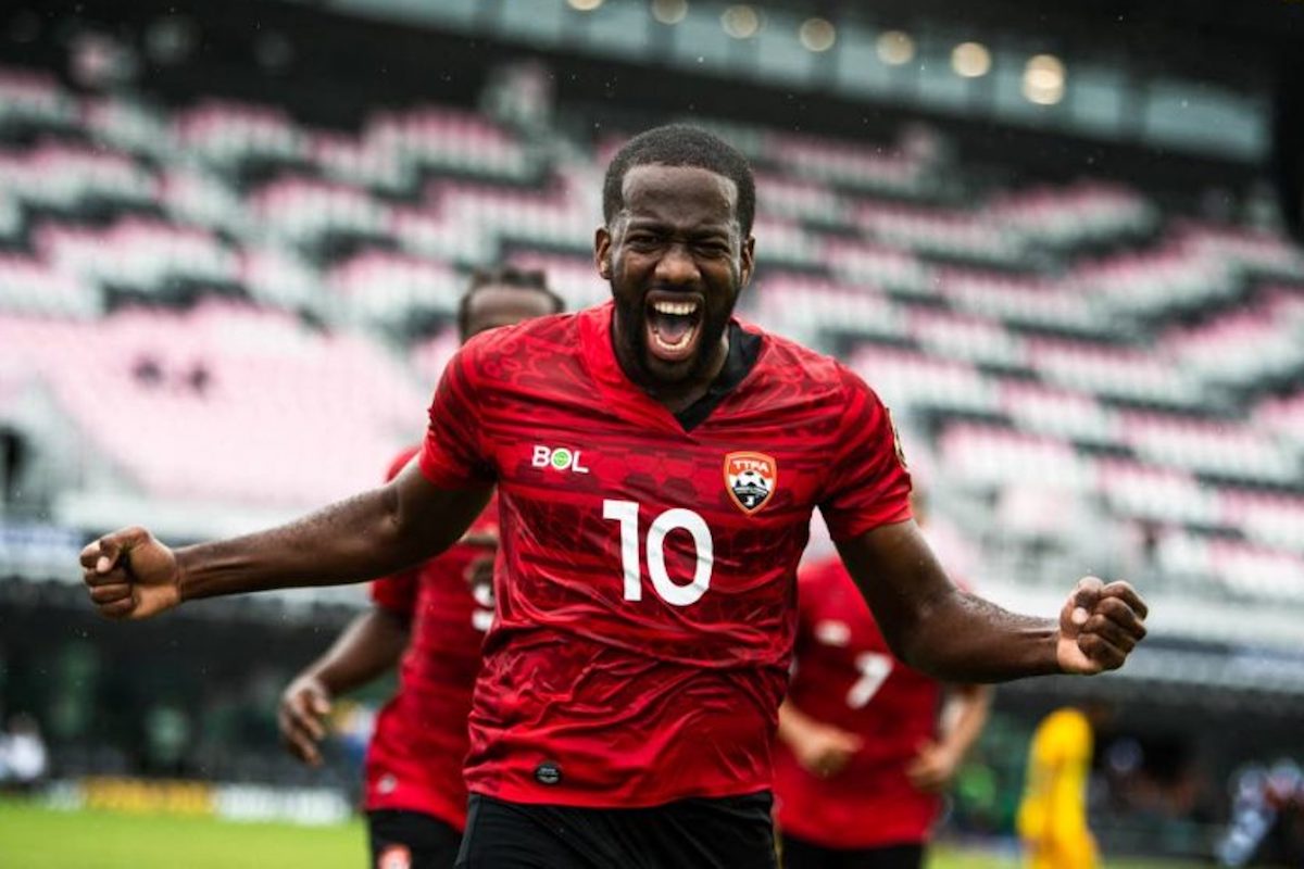 Trinidad and Tobago's Kevin Molino celebrates after scoring a goal during the Gold Cup qualifier against French Guiana at the DRV PNK Stadium in Fort Lauderdale, Florida, United States on Tuesday, July 6th 2021.