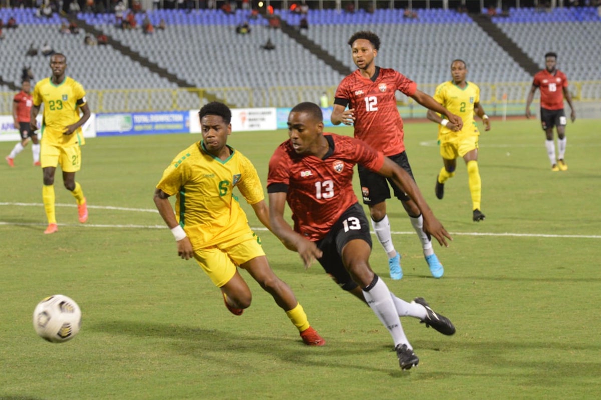 Trinidad and Tobago's Reon Moore (#13) on the move during the Course Caribbean Classic final against Guyana at the Hasely Crawford Stadium, Mucurapo on March 29th 2022.