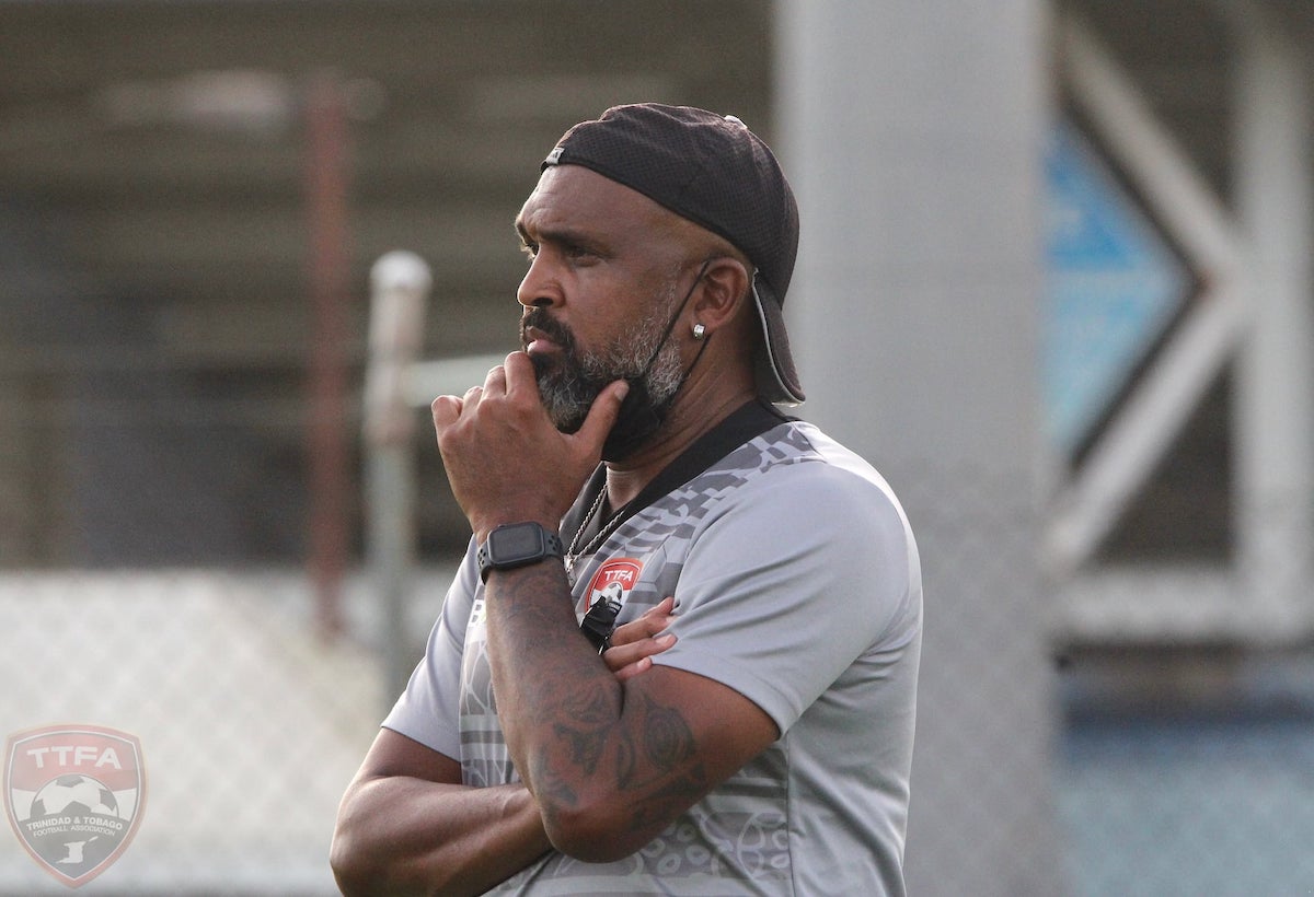 Trinidad and Tobago Women's U-17 Head Coach Jason Spence observes a training session at the Auto Boldon Stadium, Couva on March 10th 2022