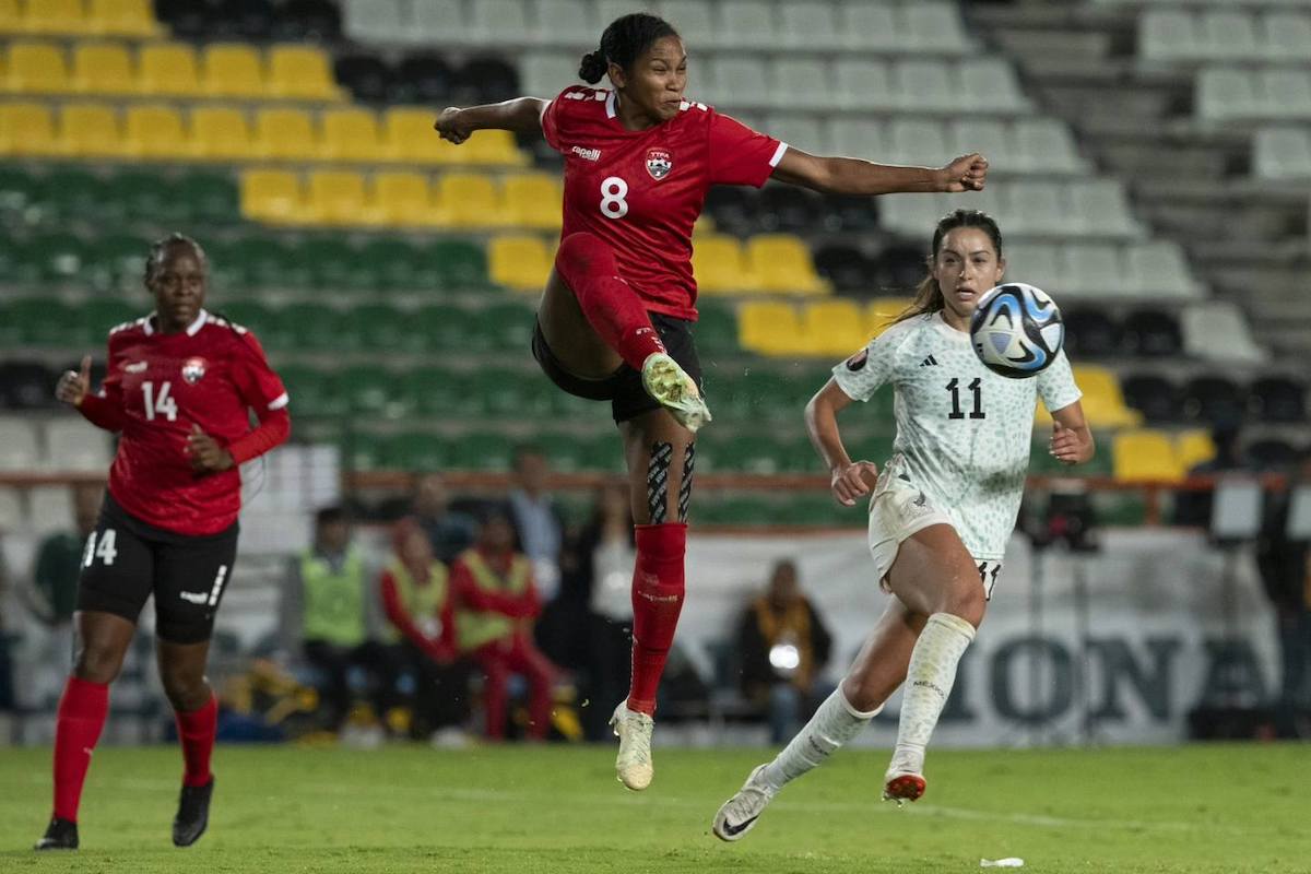 Trinidad and Tobago defender Victoria Swift clears the ball during a Concacaf Women's Gold Cup Qualifier match against Mexico at Estadio Hidalgo in Pachuca, Mexico on September 26th 2023.
