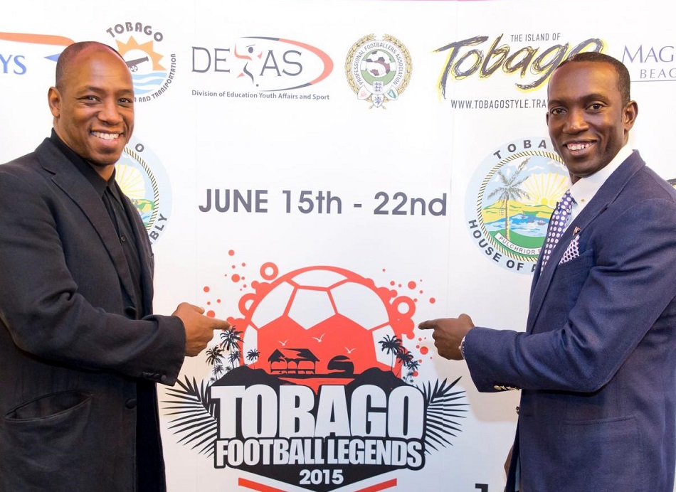 Ian Wright and Dwight Yorke (right) at the launch of the British Airways Tobago Football Legends tournament