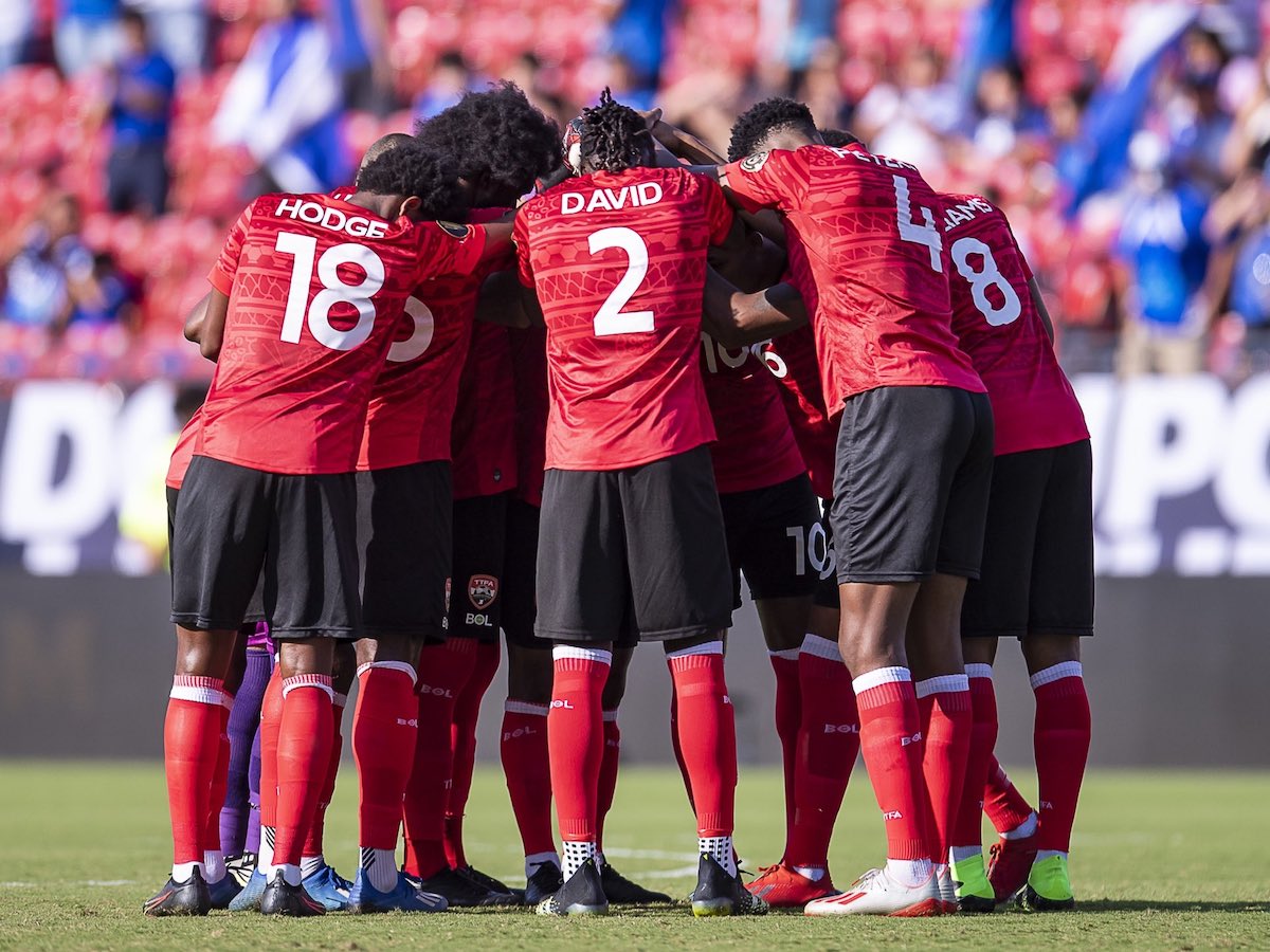 Trinidad and Tobago huddle before a 2021 Concacaf Gold Cup match against El Salvador at Toyota Stadium, Frisco, TX on Tuesday, July 14th 2021.
