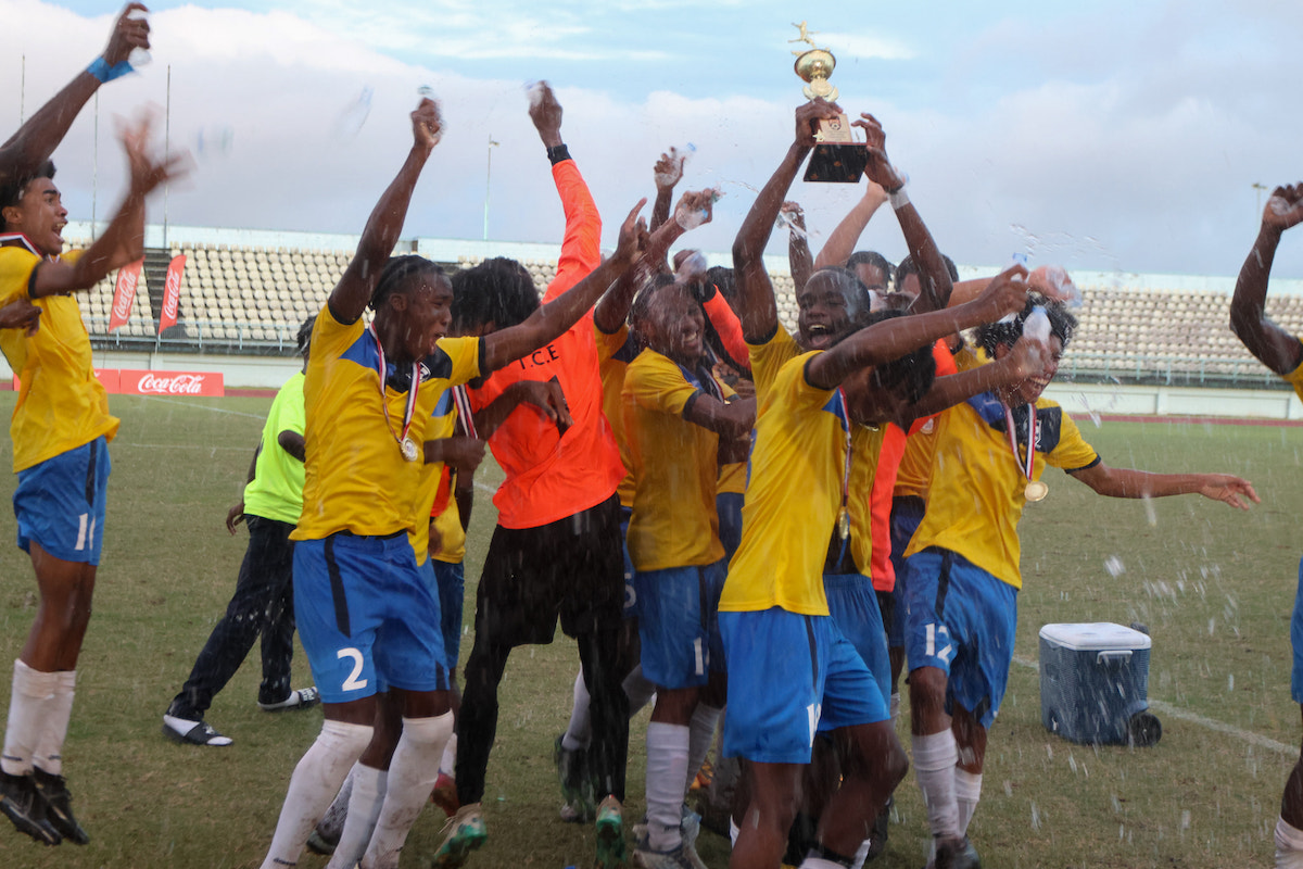 Trinity College East celebrate after defeating San Juan North Secondary 1-0 in the SSFL COCA COLA Boys Intercol final at the Larry Gomes stadium on Wednesday 23rd Nov, 2022.