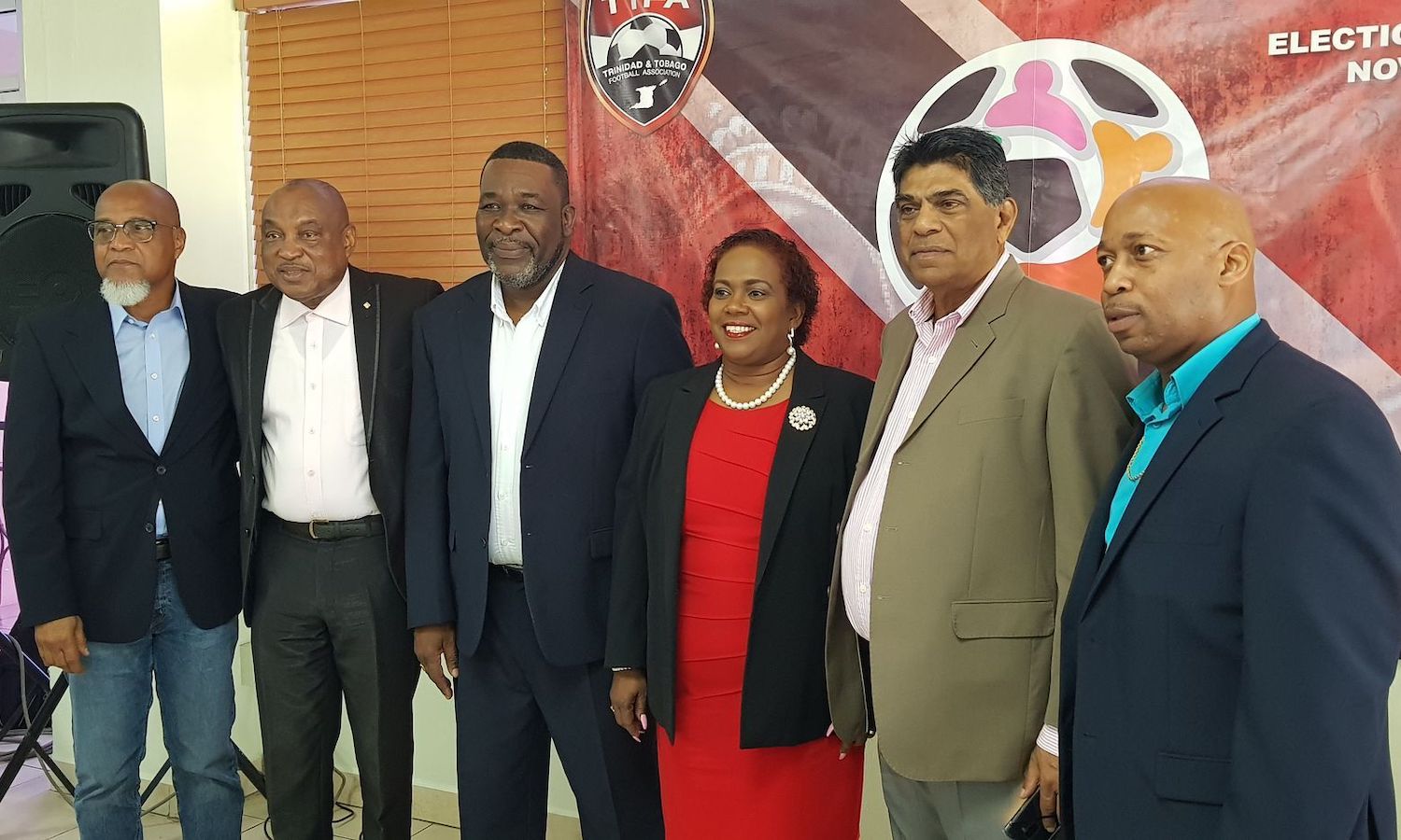 United TTFA president William Wallace, third from left, is flanked by Keith Look Loy, left- TTSL Board member, Joseph Sam Phillip- vice president, Clynt Taylor- his first vice president at right, Anthony Harford- president of the NFA, second from right, Susan Joseph-Warrick, second vice president, at November 2019 Breakfast Launch for their slate.
