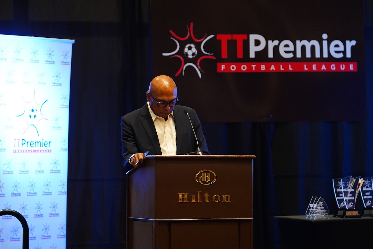 T&T Premier Football League CEO Colin Wharfe delivers remarks during the league's awards ceremony, at the Trinidad Hilton and Conference Centre, St Ann's.